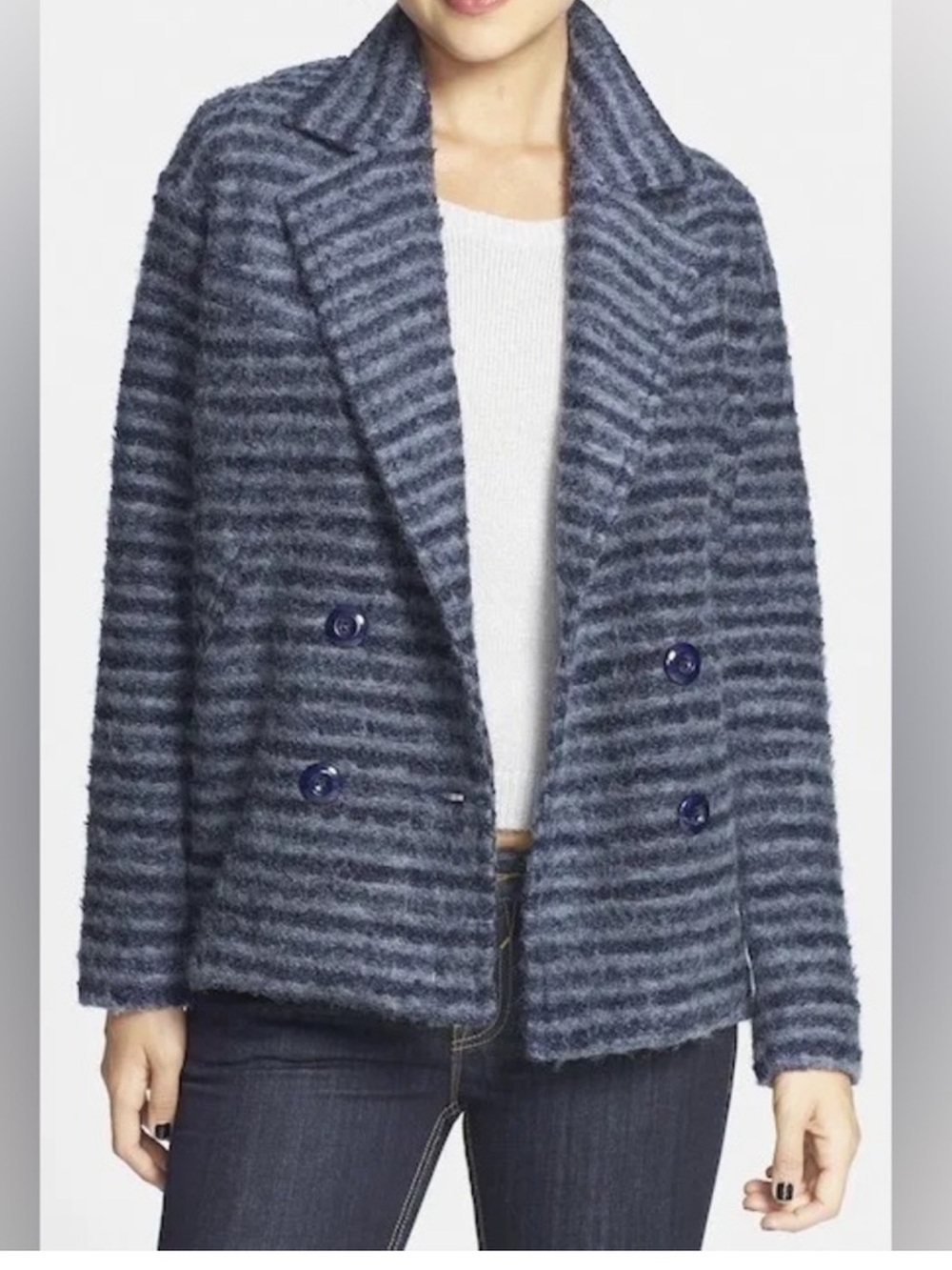 Elodie Navy Shadow Stripe Double Breasted Coat NWt